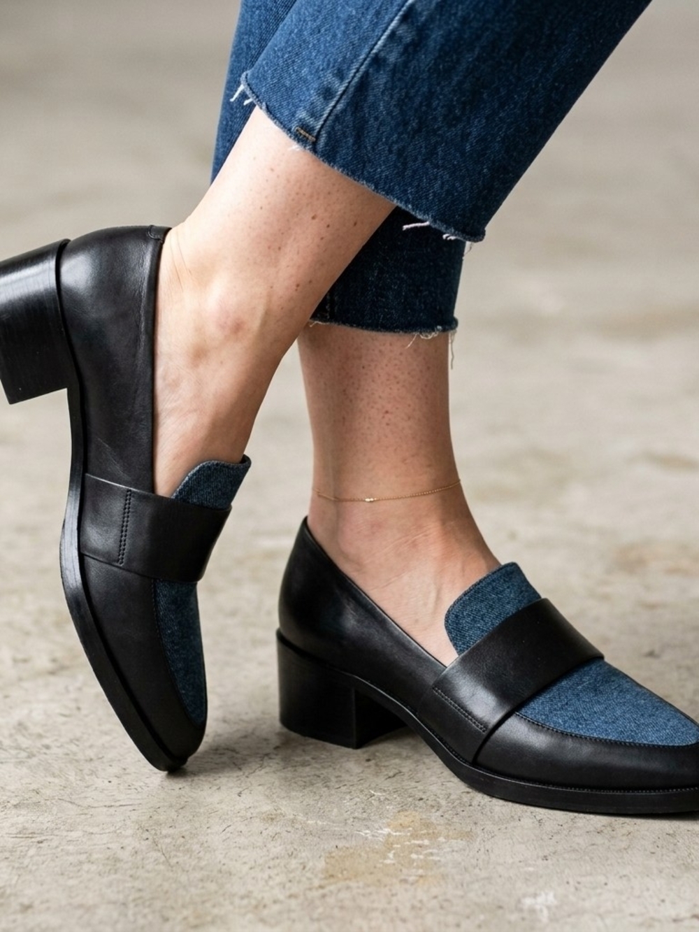 3.1 Phillip Lim Quinn Black Leather & Blue Denim Heeled Loafers Sz: 37.5 /US 7
